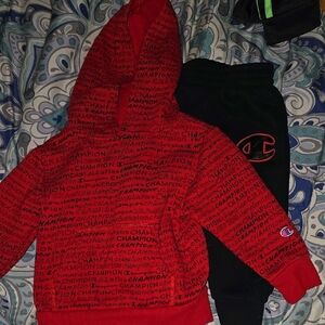 Champion Red Hoodie and Black Pants Set